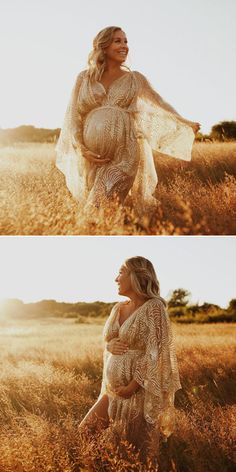 a pregnant woman walking through tall grass in the sun with her hands on her belly