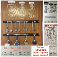 an assortment of kitchen utensils hanging on a wall with instructions for measuring cups and spoons