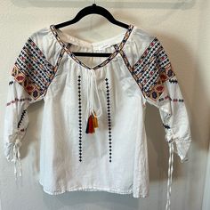 Cute Embroidered Blouse #M Great Condition Trust Vendor Thank You For Taking A Look To My Closet Summer Casual Peasant Top With Intricate Embroidery, Spring Peasant Top With Multicolor Geometric Embroidery, Peasant Style Embroidered Top With Geometric Embroidery For Spring, Casual Tops With Intricate Embroidery For Festivals, Casual Blouse With Floral Embroidery For Brunch, Cotton Blouse With Multicolor Embroidered Sleeves, Cotton Blouse With Multicolor Embroidery And Embroidered Sleeves, Casual Floral Embroidered Top For Brunch, Casual Embroidered Top With Intricate Embroidery For Spring