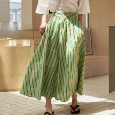 Women's summer green striped maxi cotton A-line skirt Striped Skirt Outfit, Skirt With Pleats, Umbrella Skirt, Pleated Long Skirt, Summer Green, Long Skirts For Women, Striped Skirt, Skirt For Women, Striped Maxi