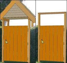 two pictures of the same wooden structure with one door open and another closed, both side by side