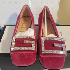 Authentic Gucci Raspberry Rose Velvet Loafers. Crystal G. Size 38=8. Never Worn. Comes With Original Box, Care Card And Dust Bags. Luxury Pink Leather Flats, Pink Suede Flats, Evening Pink Round Toe Flats, Pink Leather Party Flats, Pink Leather Flats For Evening, Gucci Leather Low Heels, Gucci Leather Low Heel Heels, Gucci Leather Low Heel Shoes, Gucci Leather Heels With Low Heel