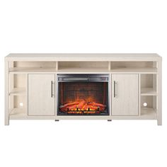 a white entertainment center with an open fire place