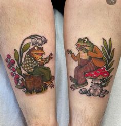 two people with tattoos on their legs, one has a frog and the other is a toad