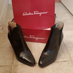 Pre Loved In Good Condition Black Leather Ferragamo Boots Elegant Formal Boots With Heel Tab, Elegant Almond Toe Boots With Heel Tab, Chic Slip-on Boots With Leather Sole, Elegant Business Boots With Heel Tab, Elegant Ankle-high Boots With Leather Lining, Elegant Boots With Removable Insole And Pointed Toe, Elegant Pointed Toe Boots With Removable Insole, Classic Pointed Toe Boots With Red Sole, Elegant Leather Boots With Red Sole