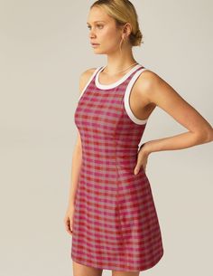 Pink Gingham SoftMark Outlines Dress | Beyond Yoga Fitted White Tennis Dress With Contrast Trim, Sporty Fitted Tennis Dress With Contrast Trim, Fitted Mini Dress With Contrast Trim For Spring, Fitted Casual Tennis Dress With Contrast Trim, Fitted Tennis Dress With Contrast Trim, Pink Sleeveless Sporty Tennis Dress, Sporty Sleeveless Pink Tennis Dress, Summer Fitted Tennis Dress With Contrast Trim, Fitted Summer Dress With Seam Detailing