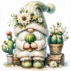 a painting of a gnome holding a cactus