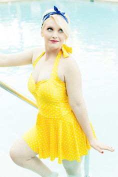 Yellow Polka dot retro One piece swim suit. Original Red Dolly Vintage design. Halter style top, gathered center bust. Has lining with elastic under bust.Comes with matching swing skirt to wear over your suit in or out of the water.You choose your size.. Sizes:Small: Bust: 31-33", Waist: 26-27", Hips: 36-37"Medium: Bust: 34-36", Waist: 27-29", Hips: 37-39"Large: Bust: 36-38", Waist: 29-31", Hips: 39-41"XL: Bust: 37-40"  Waist: 31-34", Hips:  39-43"  Padding Can be added for an additional $6.50 P Classy Swimsuit, Halter Tops Outfit, Retro Swim, Skirted Swimsuit, Yellow Swimsuits, Vintage Swim, Summer Yellow, Best Swimsuits, Yellow Polka Dot