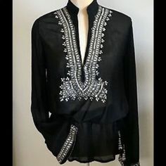 Monique Leshman Black Sheer Rhinestone Crystal Embellished Peplum Top With Embellished Bell Sleeves. Brand New With Tags, Never Worn. Small Tear In The String But It Is Barely Noticeable. Please See The Last Picture For Details.