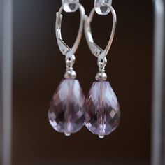 Natural Pink Amethyst Earrings are handmade with large Brazilian Amethyst drops dangling from leverbacks. The stones are genuine and have minor natural inclusions and some color zoning with citrine.  Amethyst as a stone of peace and calm, carries a tremendous amount of spiritual and metaphysical power. It is quieting the mind of the wearer and brings balance and wisdom. MATERIALS: * natural pink amethyst, 18 ct * dangling from leverbacks * Sterling Silver or 14k Solid Gold * beautiful branded gi Elegant Lavender Earrings With Ear Wire, Elegant Nickel-free Lavender Earrings, Lavender Nickel-free Dangle Jewelry, Nickel-free Lavender Dangle Jewelry, Elegant Lavender Nickel-free Earrings, Lavender Teardrop Jewelry With Ear Wire, Lavender Teardrop Nickel-free Jewelry, Lavender Briolette Earrings For Gift, Elegant Handmade Lavender Earrings