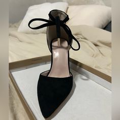 New Never Worn! Black Tie Up Heels Black Pointed Toe Heels With Wrapped Heel, Black Low Heel With Wrapped Detail, Black Low Heel Heels With Wrapped Heel, Black Low Heel With Wrapped Design, Black Ankle Strap Court Shoes For Night Out, Black Tie Up Heels, Shein Shoes, Tie Up Heels, Shoes Black