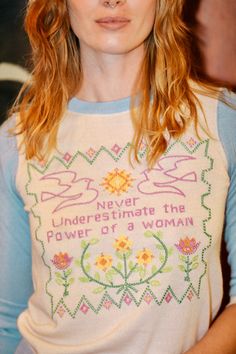 Never underestimate the power of a woman. Join the movement in our favorite statement sweater. Inspired by a groundbreaking time of chasing freedom and tapping into our wild sides, this sweater is perfectly fitted, super soft and all of the artwork is custom embroidered. Materials Wool & Acrylic (not itchy) Care Dry Clean Fit Model is wearing size: S Statement Sweater, Chase Freedom, Squash Blossom, California Dreamin', Never Underestimate, The Movement, Swim Accessories, Band Tees, Turks And Caicos Islands