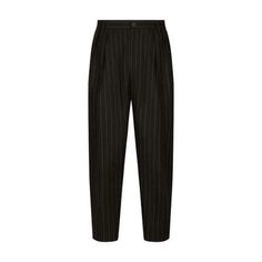 Side pockets, back pocket, buttoned and concealed zipper closure, ankle length, wool, back darts, belt loops, striped print, front pleating Classic Striped Office Pants, Classic Striped Pants For Work, Classic Striped Pants For Office, Classic Pants With Vertical Stripes, Pinstripe Office Bottoms With Belt Loops, Classic Striped Dress Pants For Office, Classic Business Casual Bottoms With Vertical Stripes, Classic Vertical Stripes Bottoms For Business Casual, Classic Vertical Stripes Business Casual Bottoms