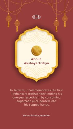 an advertisement with the words about akshay tritiya in gold and red