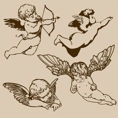 four cherubs with bows and arrows in the style of hand drawn on paper