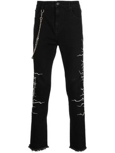 black/white stretch-cotton embroidered design chain-link detailing belt loops front button and zip fastening classic five pockets frayed hem Side Chain Jeans, Chain Jeans, Jeans Men, Jeans Mens, Embroidered Design, Slim Fit Jeans, Fit Jeans, Stretch Cotton, Chain Link