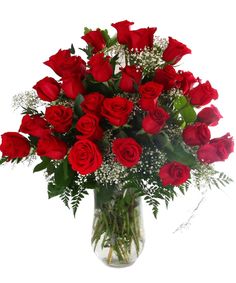 a vase filled with red roses and baby's breath