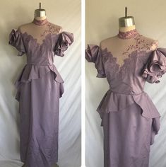 "Lovely 1980's does 1940's lavender peplum gown with a Victorian feel. Dress features high lace neckline with sheer yoke and sweetheart shaping above the bust, straight ankle length skirt and the coolest ruffle puff sleeves! Peplum slightly overlaps in the front and is a longer length in the back. Dress is in great condition! One button has been replaced and does not match the other buttons, but blends into the dress color. Label: Eve of Milady  Measurements: would best fit a modern size S Bust= Peplum Gown, Eve Of Milady, Ankle Length Skirt, Cute Pants, Puff Sleeve Dress, Lace Neckline, Puffed Sleeves Dress, Sweetheart Neck, Long Length