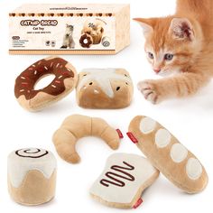 a cat laying on the ground next to stuffed animals and doughnuts in front of a box