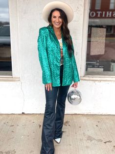 Stylish sequin blazer, great for the holidays or a night out. -Collared -Long sleeves -Front pockets Fabric Contents : 100% POLYESTER Erin is wearing a small Sequin Blazer, Sequin Jacket, Bell Bottoms, Night Out, Sequin, Outfit Inspirations, Long Sleeves, Mint, Holidays