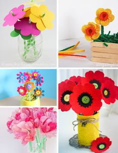 four different vases filled with flowers on top of a white table and bottom one is made from felt