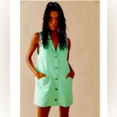 Nwt Rare Free People The Nue Mini Dress - Medium Beautiful And Super Rich Neon-Ish Green Color. Smoke And Pet Free Home! Summer Mini Dress With Pockets For Beach, Summer Mini Dress With Pockets, Green Mini Dress With Pockets For Spring, Green Buttoned Beach Dress, Green Buttoned Dress For Beach, Green Buttoned Dress For The Beach, Beach Sundress With Pockets, Mini Length, Beach Mini Sundress With Pockets, Green Dress With Pockets For Day Out