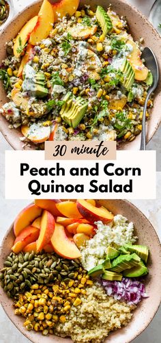 peach and corn quinoa salad with avocado on the side in a bowl