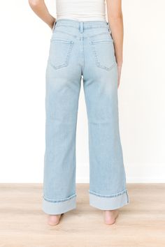 Crafted from high-quality denim fabric, these pants offer durability and versatility, making them suitable for both casual and dressed-up occasions. Whether paired with a tucked-in blouse and heels for a night out or dressed down with a simple tee and sneakers for a relaxed daytime look, these cuffed palazzo pants are sure to become a wardrobe staple.

This pair of chic cuffed palazzo pants is crafted from light denim, offering both style and comfort for any occasion. Simple Tee, West Michigan, Simple Tees, Buy One Get One, Light Denim, Palazzo Pants, Dressed Down