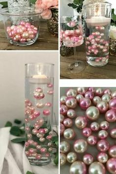 pink pearls in glass vases and candles