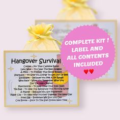 an image of a hangover survival kit with text over it and a bag full of items