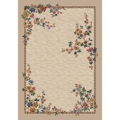 an area rug with flowers and leaves on the border, in beige colors is shown