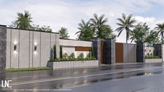 an artist's rendering of the entrance to a building on a wet street with palm trees in the background