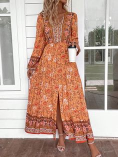 Women Full Floral Print Long Sleeve Split Long Dress Multicolor Boho  Long Sleeve Woven Fabric Floral,Tribal,All Over Print A Line Non-Stretch  Women Clothing, size features are:Bust: ,Length: ,Sleeve Length: Boho Maxi Dress Fall, Maxi Dress Fall, Boho Dress Fall, Split Long Dress, Maxi Dresses Fall, Tie Front Dress, Long Sleeve Casual Dress, Mexican Dresses, Elegant Dresses For Women