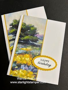 two cards with trees and flowers on them, one has a happy birthday card in the middle