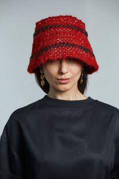 Unique handmade unisex wool red bucket hat with striped pattern (Winter hat) This panama is very warm, soft and comfortable to wear. The best decision for 2021 year. SIZE: S-M (56-57 cm) in stock M-L (58-59 cm)Custom Made L-XL (60-61 cm)Custom Made Custom Made design is made after a base pattern, similar to ready-to-wear. Note that it will take our team 10 - 15 days to make your product, so remember to add this to the delivery time. MATERIAL: Made of natural materials 100% wool Linen(Lining) Pro Red One Size Bucket Hat, Red Wool Brimmed Hat, Red Winter Bucket Hat With Short Brim, Red Crochet Bucket Hat For Winter, Red Wool Hat With Short Brim, Red Knitted Brimmed Hat, Red Winter Cloche Hat Cap, Red Bucket Hat, Wool Bucket Hat