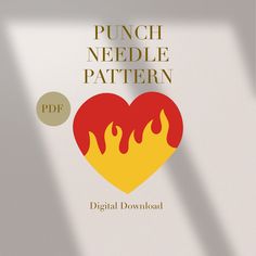 the cover of punch needle pattern, featuring a heart with fire and flames on it