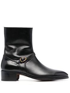 black calf leather almond toe gold-tone buckle fastening side zip fastening branded insole flat leather sole Formal Chelsea Ankle Boots With Buckle, Formal Chelsea Ankle Boots With Buckle Closure, Formal Chelsea Boots With Buckle Closure, Leather Chelsea Boots With Buckle For Formal Occasions, Formal Leather Chelsea Boots With Buckle Closure, Formal Chelsea Boots With Buckle Closure And Round Toe, Elegant Moto Boots With Leather Lining For Business, Classic Ankle Boots With Buckle Closure, Elegant Moto Boots With Calf Leather And Leather Sole