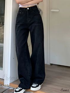 Eromis - High-Waist Black Loose Fit Baggy Wide Leg Womens Denim Jeans Wide Legs Jeans, High Waisted Black Jeans, Jeans High Waist, Womens Denim, Women Denim Jeans, Baggy Jeans, Jean Outfits, High Waist Jeans, Denim Women