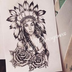 a drawing of a native american woman with roses