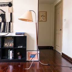 a floor lamp sitting next to a book shelf