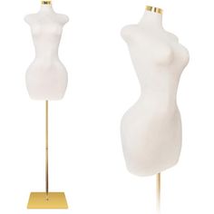 a white mannequin on a gold stand