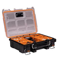 an orange and black case with four compartments