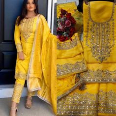 Traditional wear has always held a special place in the hearts of fashion-conscious Indian women. The best part about ethnic wear is its ability to evolve into something unique that will definitely make you stand out on every occasion. Celebrate this wedding season wearing this Yellow Punjabi suit embroidered with Heavy Gota Kundan and stone work . This beautiful suit is lined for comfort and Adorned with georgette Dupatta. Women can buy this Anarkali suit to wear for their upcoming functions, p Yellow Punjabi Suit Party Wear, Straight Kurta Salwar Kameez With Embroidered Border, Dola Silk Salwar Kameez With Resham Embroidery, Salwar Kameez With Resham Embroidery In Straight Kurta Shape, Salwar Kameez With Resham Embroidery In Dola Silk, Navratri Salwar Kameez With Resham Embroidery, Fitted Bollywood Dress With Embroidered Border, Fitted Anarkali Embroidered Fabric In Chinon, Art Silk Salwar Kameez With Resham Embroidery