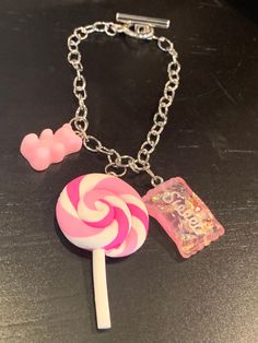 This bracelet is so much fun!  It features resin Candy charms that are playful for adults and children.  The charms are on a metal chain with a metal clasp. Cherry Lush, Candy Outfit, Candy Charms, Bracelets Pink, Candy Bracelet, Art Outfits, Kawaii Core, Silly Things, Chunky Bracelets