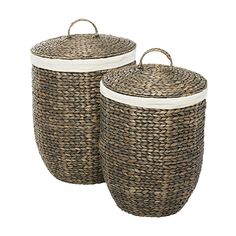 two woven baskets with handles on each side, one is brown and the other is white