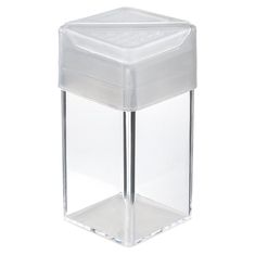 a clear plastic container with a square lid on the top and bottom, sitting upright against a white background