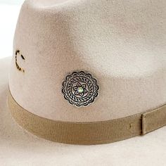 Circle concho hat pin in silver with a center ab crystal pictured on a beige colored hat pictured on a white background. Western Style Hat Bands With Flat Brim, Western Style Flat Brim Hat Bands As Gift, Giddy Up Glamour, Hat Pin, Hat Band, Hat Pins, Safety Pin, Cowboy Hats, Sale Items