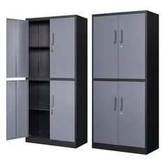 two metal storage cabinets with doors open