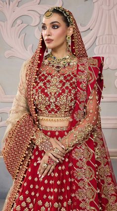 Red Gown For Eid And Traditional Ceremonies, Gold Floor-length Anarkali Set For Traditional Ceremonies, Wedding Lehenga With Dabka Work In Traditional Drape, Traditional Ceremonies Gold Gown With Dupatta, Gold Gown With Dupatta For Traditional Ceremonies, Red Anarkali Gown For Traditional Ceremonies, Gold Gown With Pallu For Traditional Ceremonies, Wedding Sets With Intricate Kundan Embroidery, Wedding Sets With Intricate Embroidery And Kundan