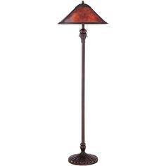 a floor lamp with a red shade on it's base and a brown metal stand